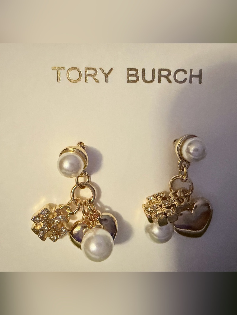 Tory Burch Gold Tone Pearl & Heart Charm Drop Earrings